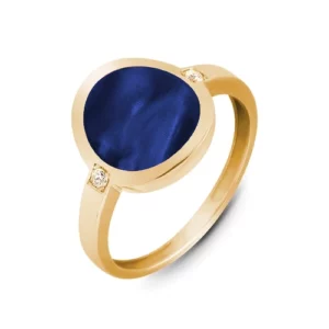 Bague en or jaune résine nacrée bleu et diamants