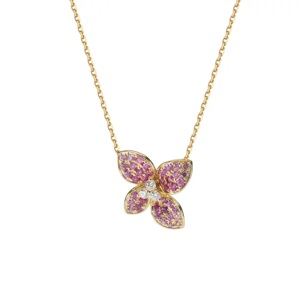 Pendentif en or jaune rubis, saphirs rose et diamants