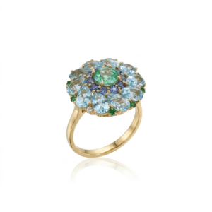 Bague en or jaune, prasiolite, topazes bleues, saphirs et diamants